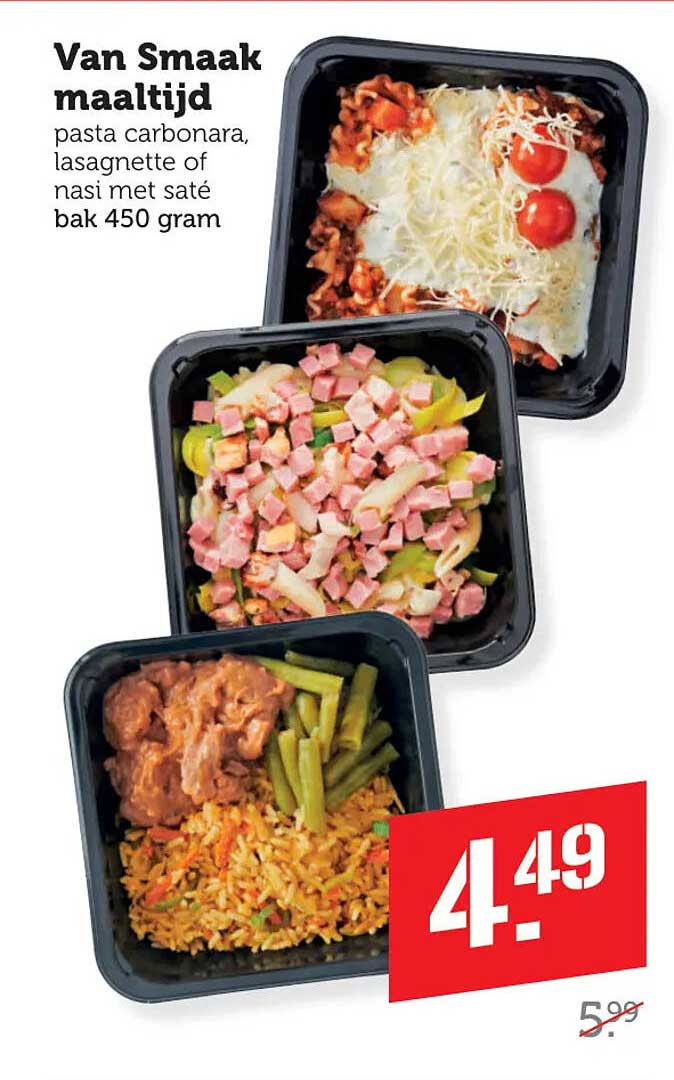 Van Smaak maaltijd pasta carbonara, lasagnette of nasi met saté bak 450 gram