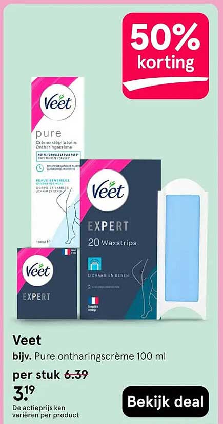 Veet bijv. Pure ontharingscrème 100 ml 50% korting