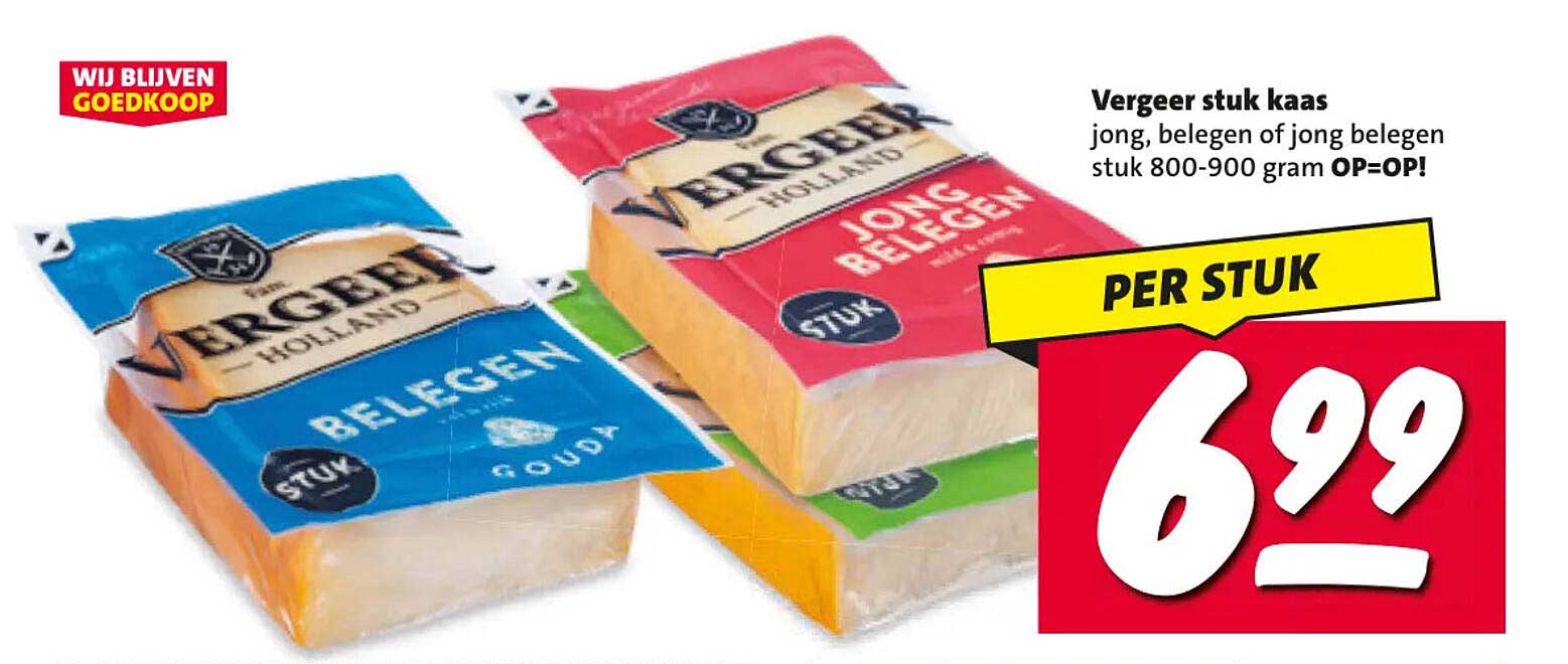 Vergeer stuk kaas jong, belegen of jong belegen stuk 800-900 gram OP=OP!