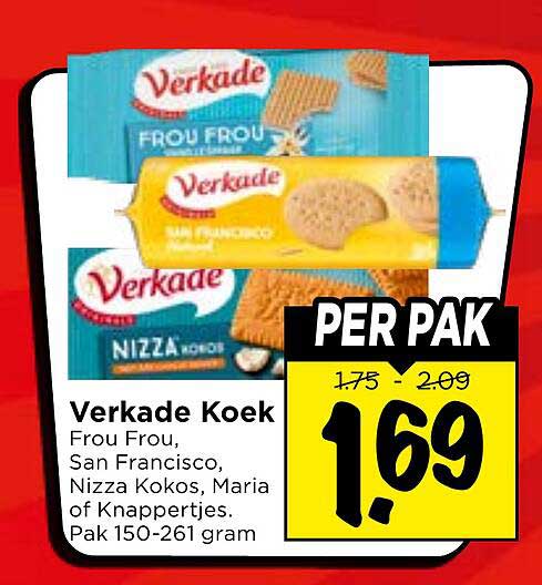 Verkade Koek Frou Frou, San Francisco, Nizza Kokos, Maria of Knappertjes. Pak 150-261 gram PER PAK