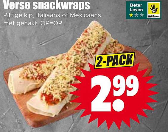 Verse snackwraps Pittige kip, Italiaans of Mexicaans met gehakt. OP=OP 2-PACK