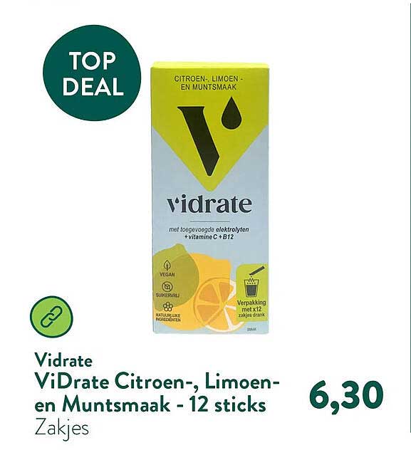 ViDrate Citroen-, Limoen- en Muntsmaak - 12 sticks Zakjes