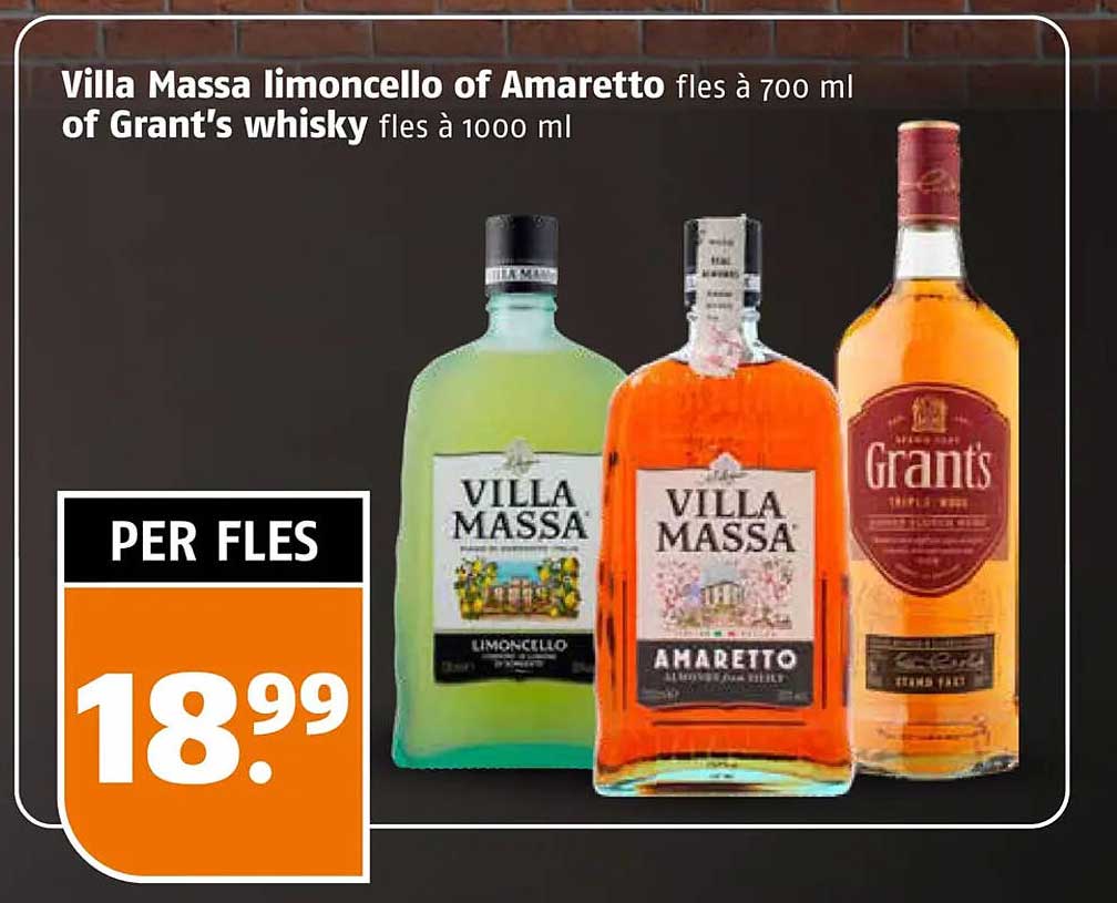 Villa Massa limoncello of Amaretto fles à 700 ml of Grant's whisky fles à 1000 ml