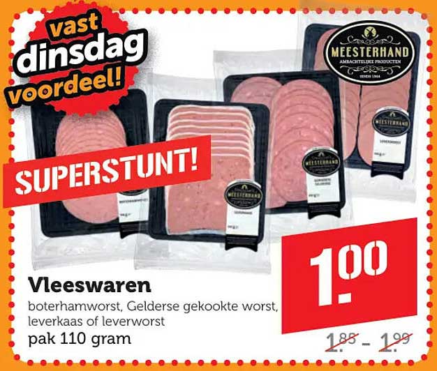 Vleeswaren boterhamworst, Gelderse gekookte worst, leverkaas of leverworst pak 110 gram