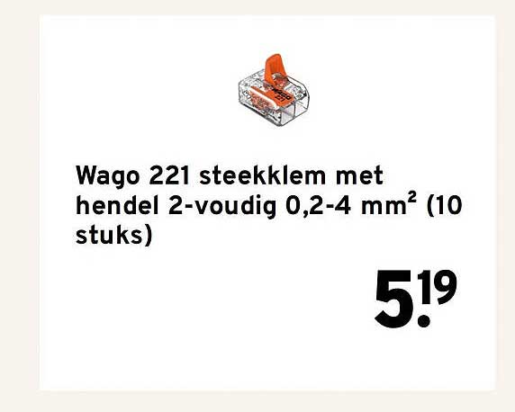 Wago 221 steekklem met hendel 2-voudig 0,2-4 mm² (10 stuks)