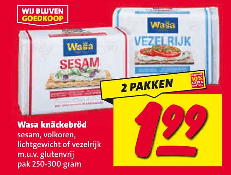 Wasa knäckebröd sesam, volkoren, lichtgewicht of vezelrijk m.u.v. glutenvrij pak 250-300 gram 2 PAKKEN