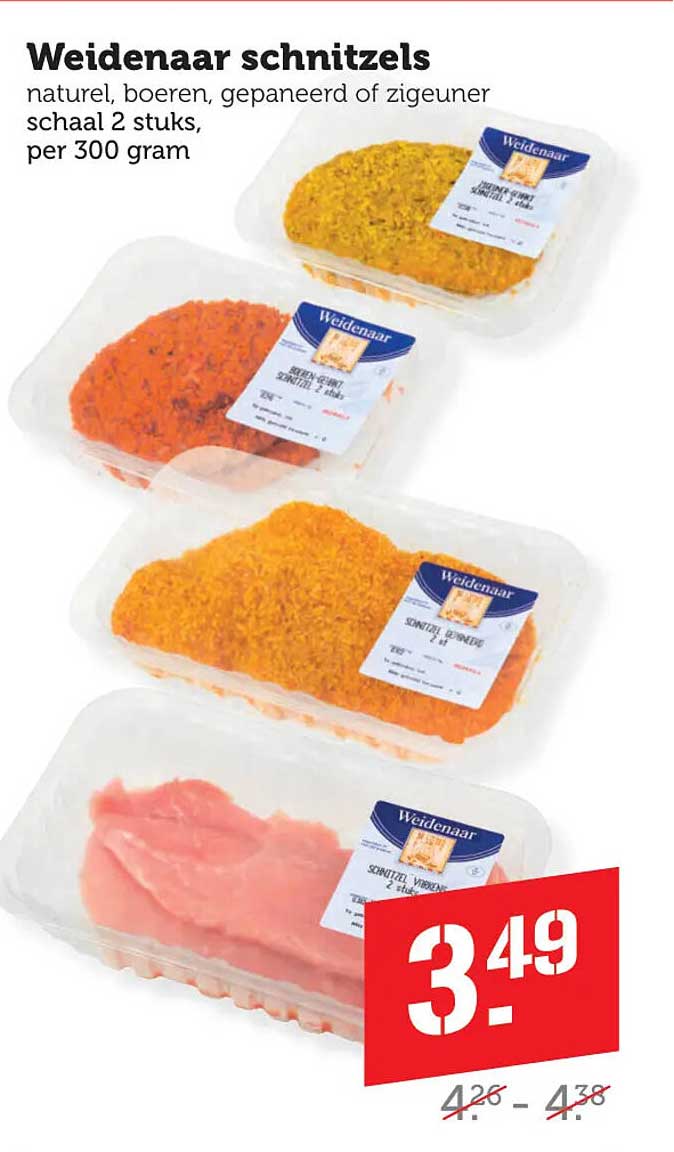 Weidenaar schnitzels naturel, boeren, gepaneerd of zigeuner schaal 2 stuks, per 300 gram
