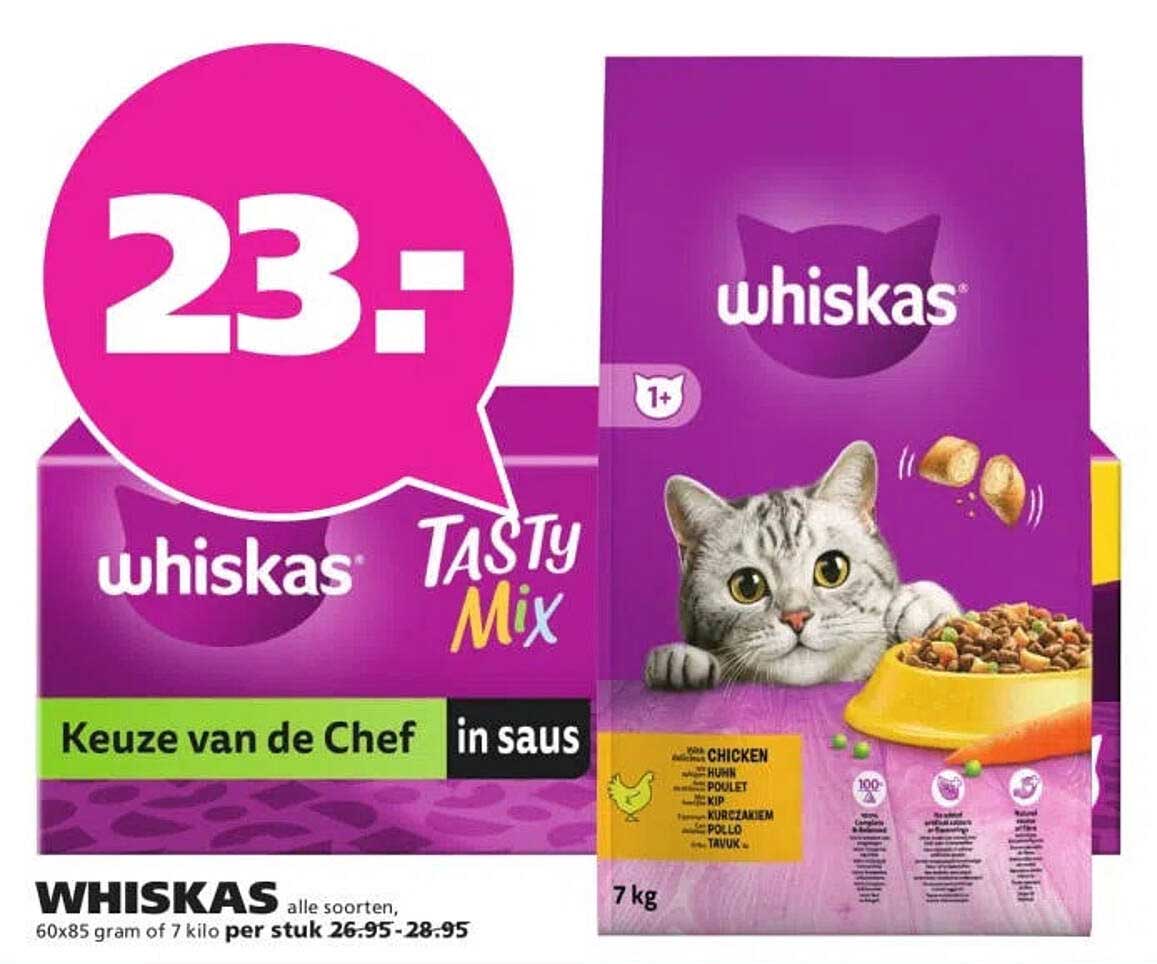 whiskas alle soorten, 60x85 gram of 7 kilo per stuk 26.95-28.95