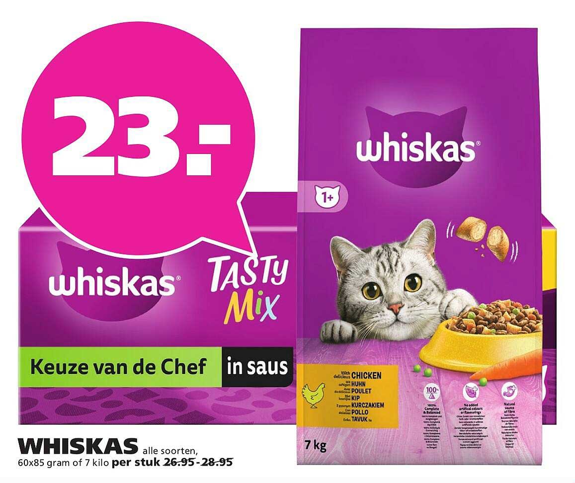 WHISKAS alle soorten, 60x85 gram of 7 kilo per stuk