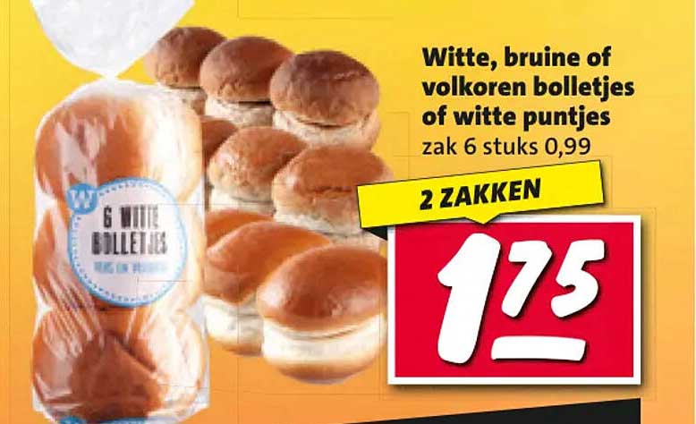 Witte, bruine of volkoren bolletjes of witte puntjes zak 6 stuks 0,99 2 ZAKKEN