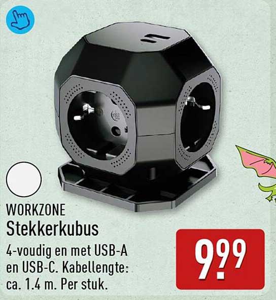 WORKZONE Stekkerkubus 4-voudig en met USB-A en USB-C. Kabellengte: ca. 1.4 m. Per stuk.