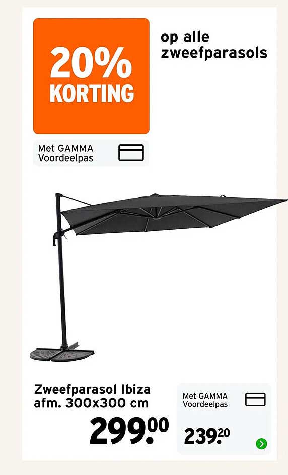 Zweefparasol Ibiza afm. 300x300 cm 20% korting op alle zweefparasols