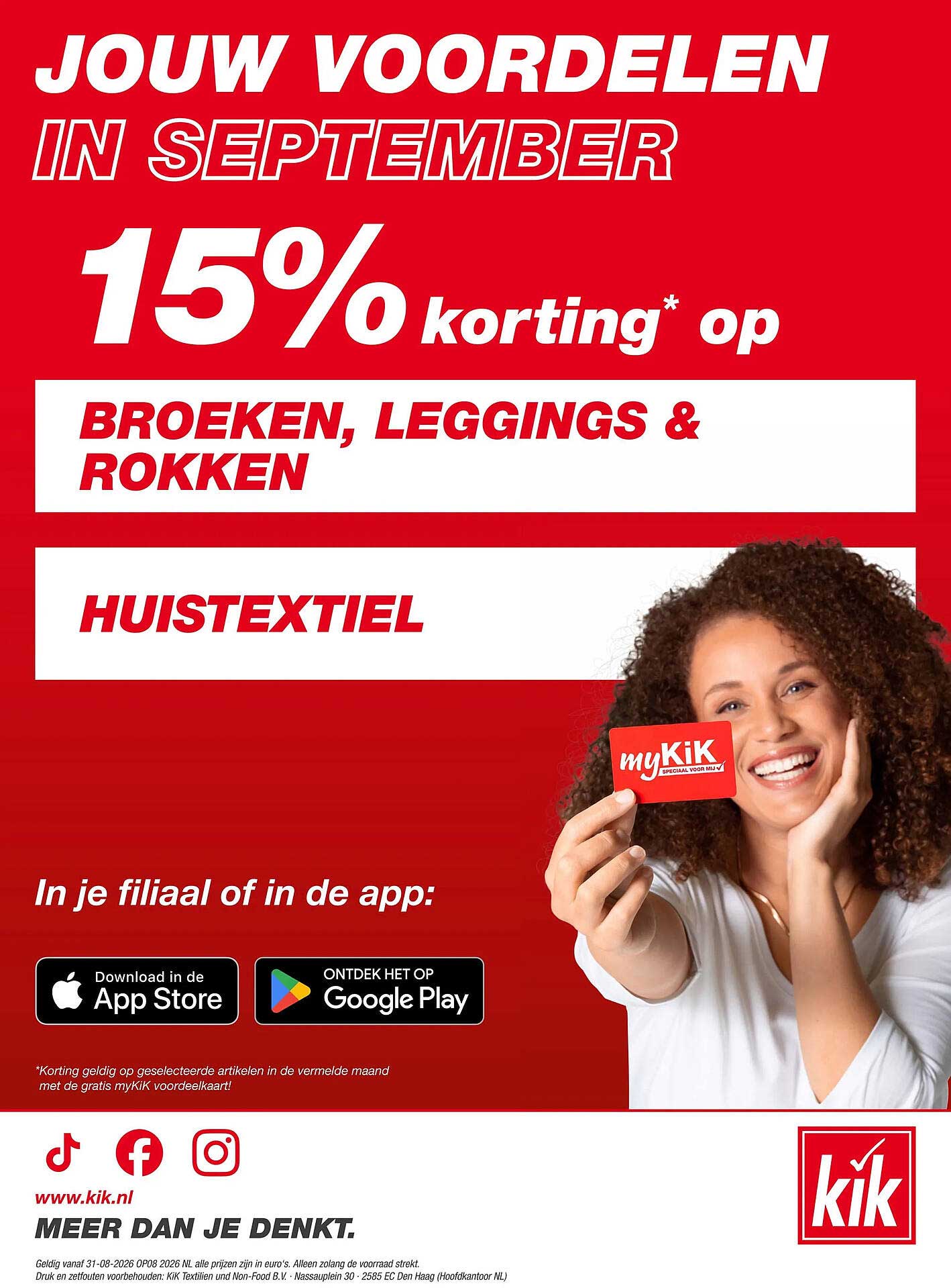 15% korting op broeken, leggings & rokken, huistextiel