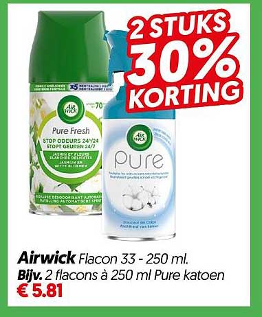 Airwick Flacon 33 - 250 ml. Bijv. 2 flacons à 250 ml Pure katoen 2 stuks 30% korting