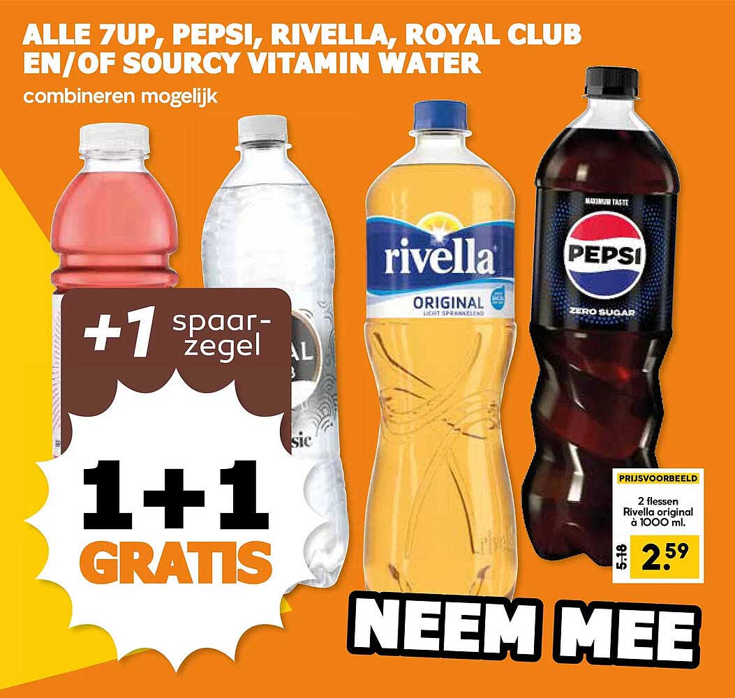 ALLE 7UP, PEPSI, RIVELLA, ROYAL CLUB EN/OF SOURCY VITAMIN WATER combineren mogelijk +1 spaaregel 1+1 GRATIS