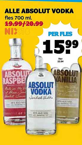 ALLE ABSOLUT VODKA fles 700 ml. PER FLES