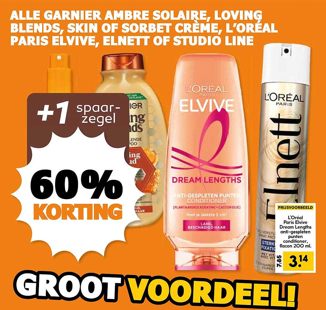 ALLE GARNIER AMBRE SOLAIRE, LOVING BLENDS, SKIN OF SORBET CRÈME, L'ORÉAL PARIS ELVIVE, ELNETT OF STUDIO LINE +1 spaarzegel 60% KORTING