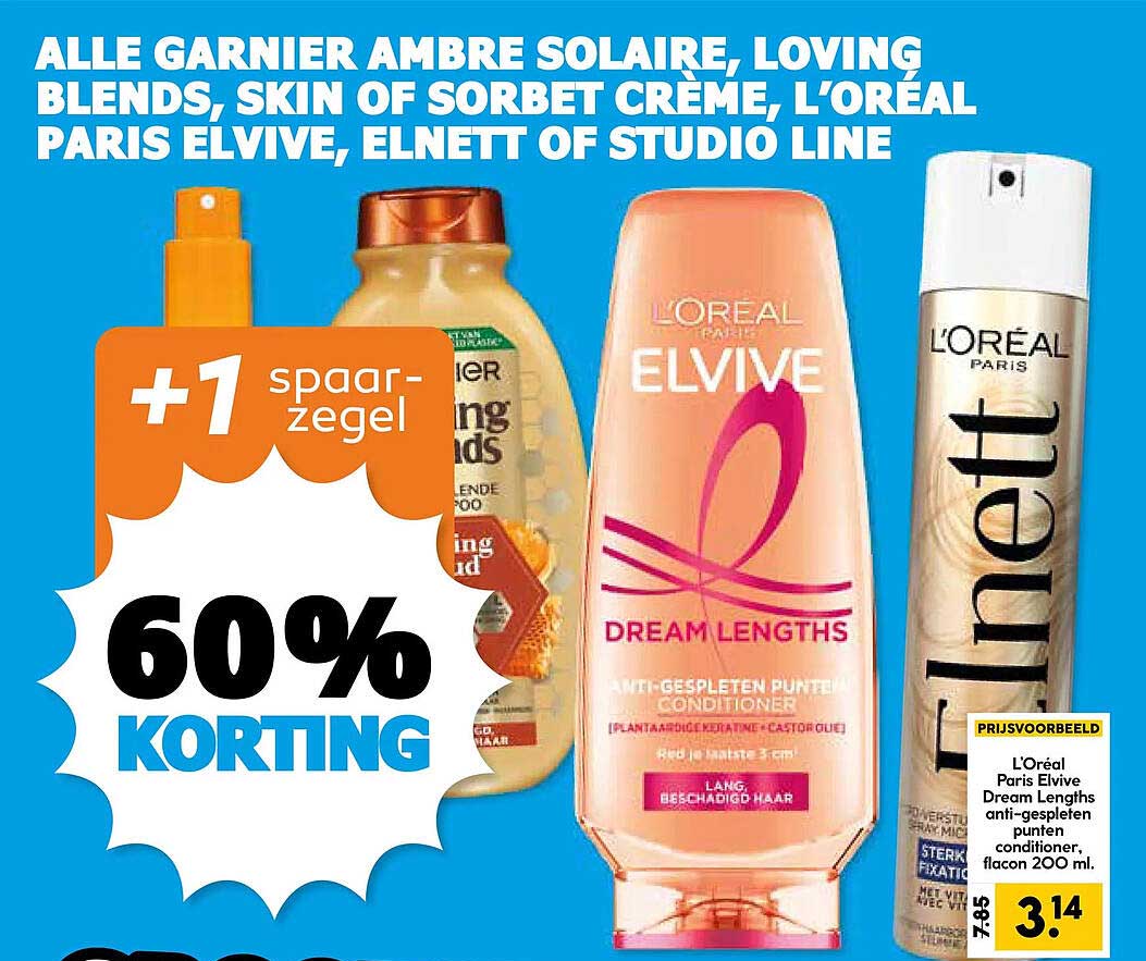 ALLE GARNIER AMBRE SOLAIRE, LOVING BLENDS, SKIN OF SORBET CRÈME, L’ORÉAL PARIS ELVIVE, ELNETT OF STUDIO LINE +1 spaarzegel 60% KORTING