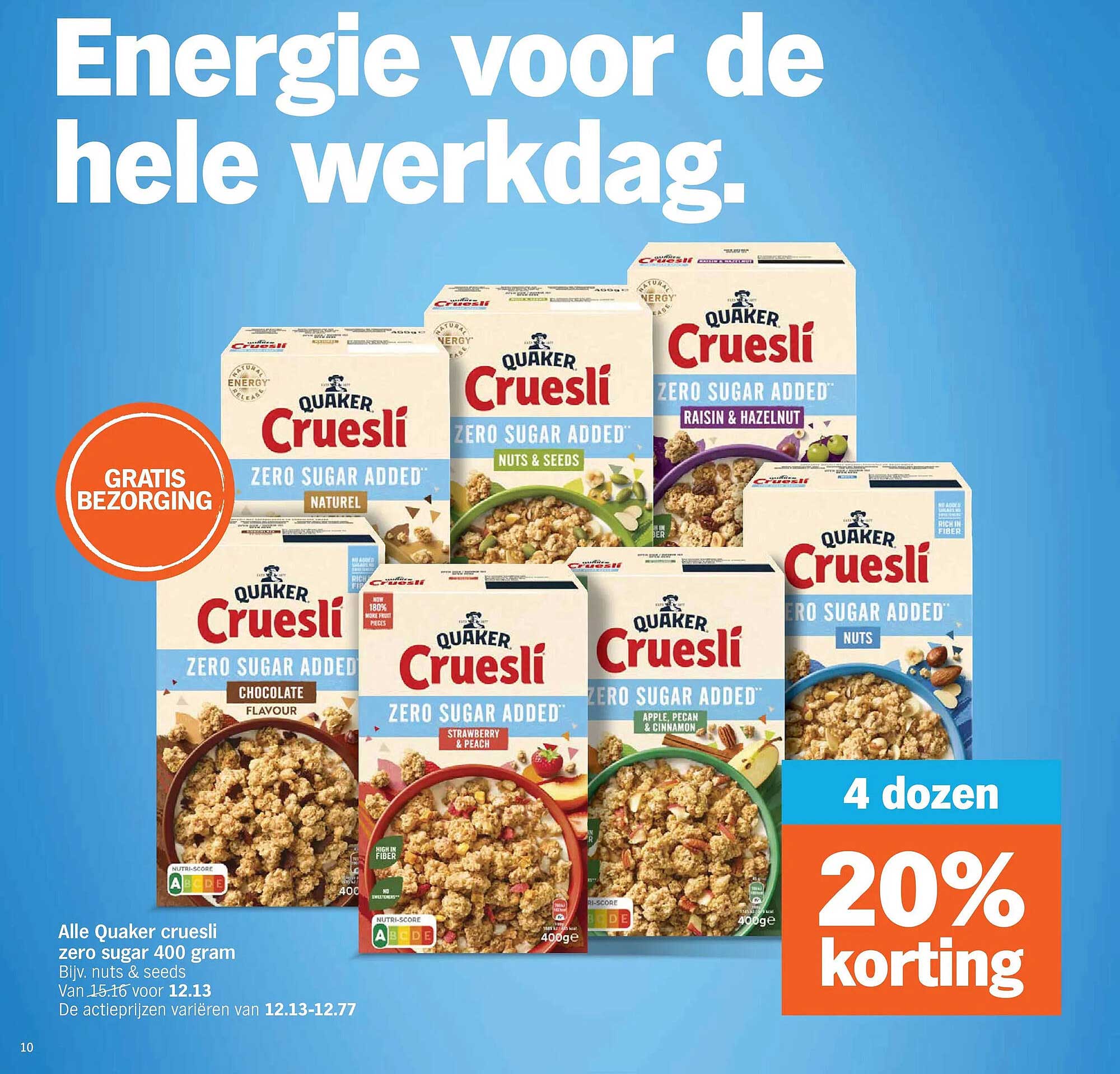 Alle Quaker cruesli zero sugar 400 gram 20% korting