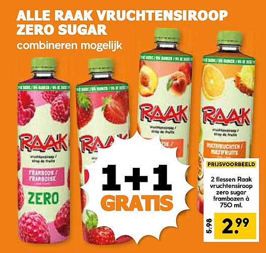 ALLE RAAK VRUCHTENSIROOP ZERO SUGAR combineren mogelijk 1+1 GRATIS