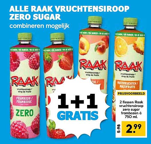 ALLE RAAK VRUCHTENSIROOP ZERO SUGAR combineren mogelijk 1+1 GRATIS