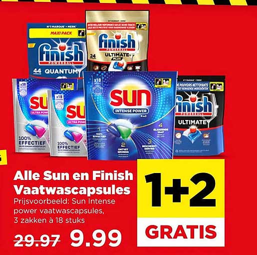 Alle Sun en Finish Vaatwascapsules 1+2 GRATIS