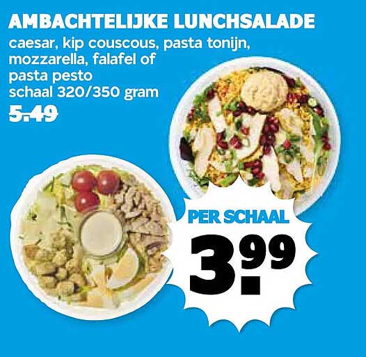 AMBACHTELIJKE LUNCHSALADE caesar, kip couscous, pasta tonijn, mozzarella, falafel of pasta pesto schaal 320/350 gram