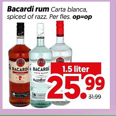 Bacardi rum Carta blanca, spiced of razz. Per fles. op=op