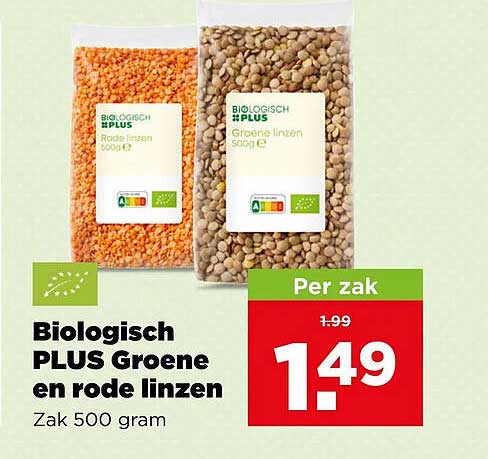 Biologisch PLUS Groene en rode linzen Zak 500 gram