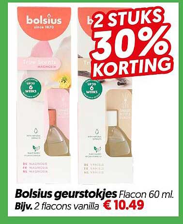 Bolsius geurstokjes Flacon 60 ml. Bijv. 2 flacons vanille 2 STUKS 30% KORTING