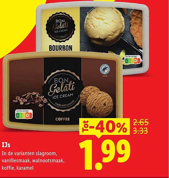 Bon Gelati ijs in de varianten slagroom, vanillesmaak, walnootsmaak, koffie, karamel Tot -40%