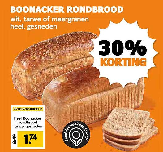 BOONACKER RONDBROOD wit, tarwe of meergranen heel, gesneden 30% KORTING