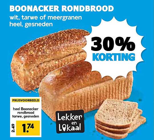 BOONACKER RONDBROOD wit, tarwe of meergranen heel, gesneden 30% KORTING