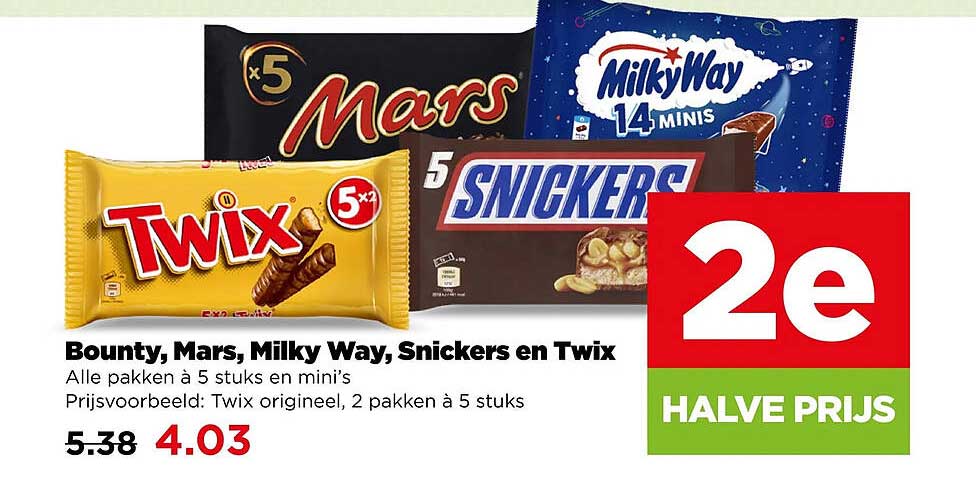 Bounty, Mars, Milky Way, Snickers en Twix 2e halve prijs