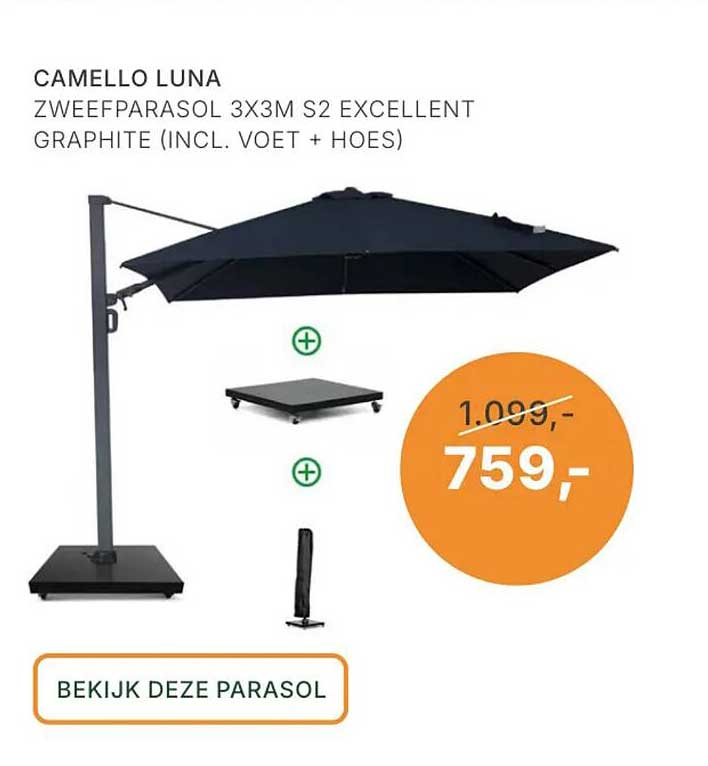 CAMELLO LUNA ZWEEFPARASOL 3X3M S2 EXCELLENT GRAPHITE (INCL. VOET + HOES)
