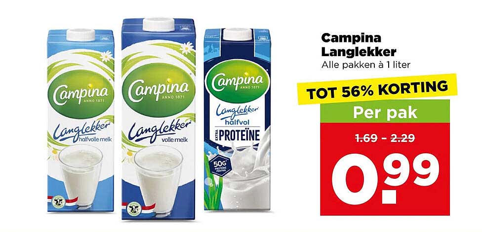 Campina Langlekker Alle pakken à 1 liter TOT 56% KORTING Per pak