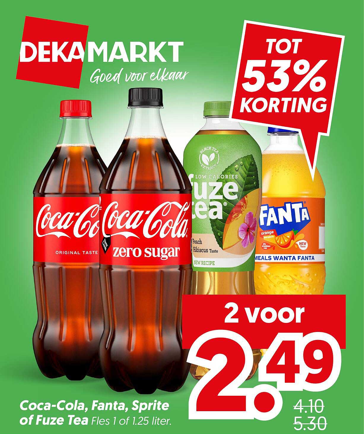 Coca-Cola, Fanta, Sprite of Fuze Tea Fles 1 of 1.25 liter 2 voor 2,49