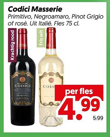 Codici Masserie Primitivo, Negroamaro, Pinot Grigio of rosé. Uit Italië. Fles 75 cl.