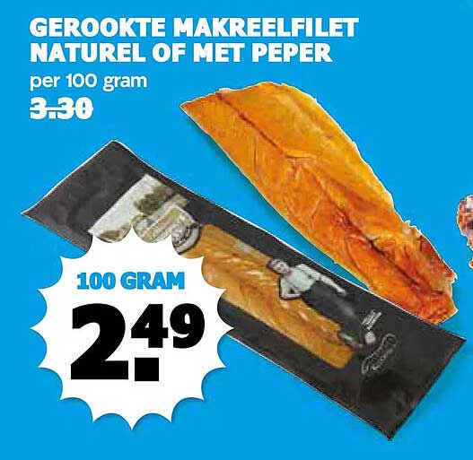 GEROOKTE MAKREELFILET NATUREL OF MET PEPER per 100 gram