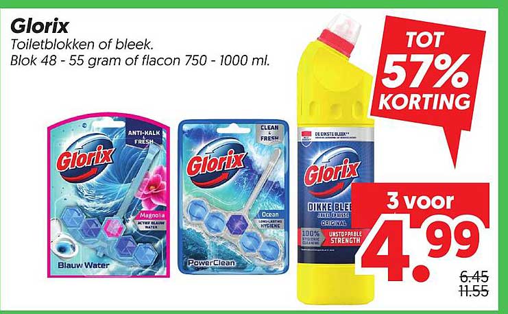 Glorix Toiletblokken of bleek. Blok 48 - 55 gram of flacon 750 - 1000 ml.