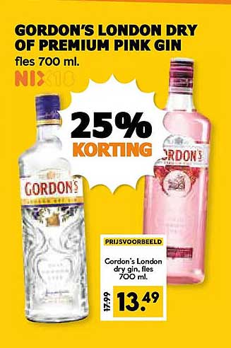 GORDON'S LONDON DRY OF PREMIUM PINK GIN fles 700 ml. 25% KORTING