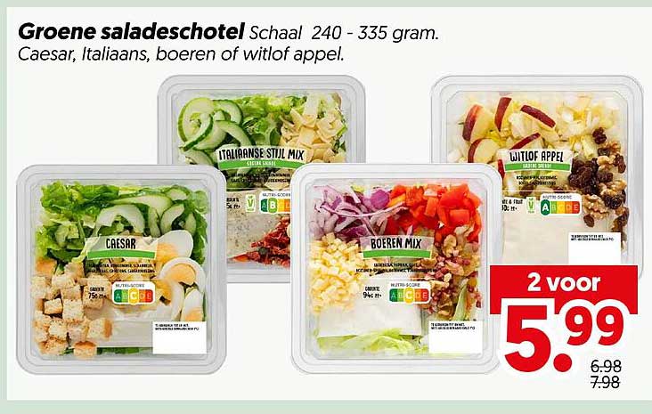 Groene saladeschotel Schaal 240 - 335 gram. Caesar, Italiaans, boeren of witlof appel. 2 voor