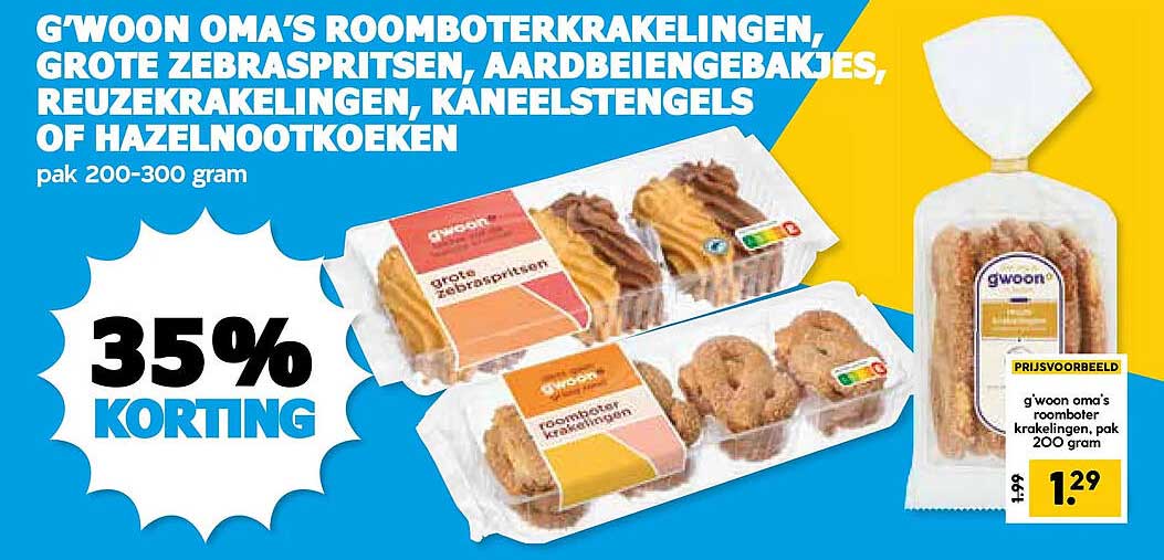 G'woon oma's roomboterkrakelingen, grote zebraspritsen, aardbeiengebakjes, reuze krakelingen, kaneelstengels of hazelnootkoeken 35% korting