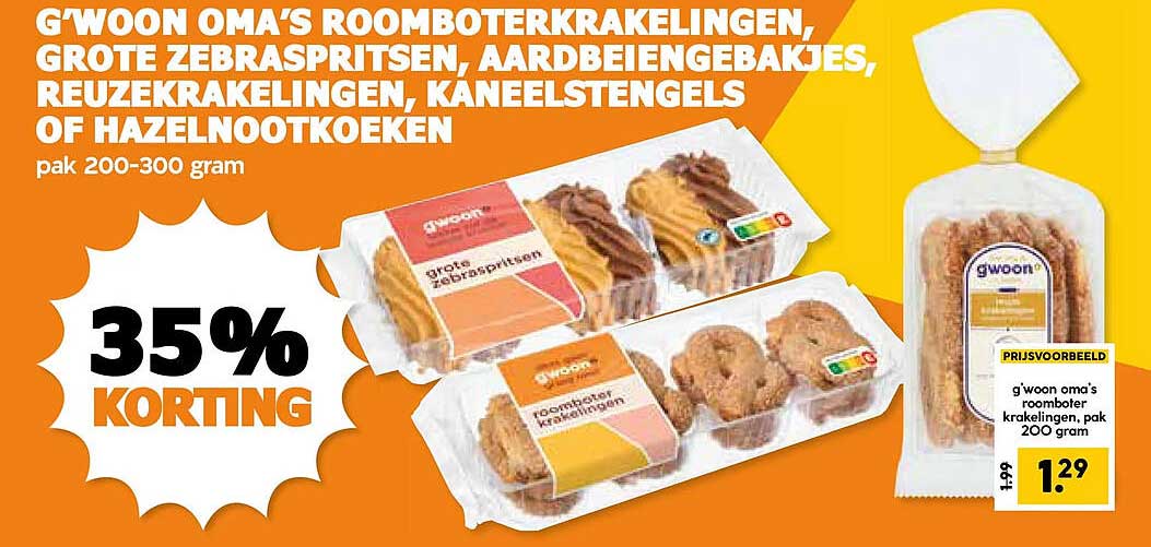 G'woon oma's roomboterkrakelingen, grote zebraspritsen, aardbeiengebakjes, reuzekrakelingen, kaneelstengels of hazelnootkoeken 35% korting