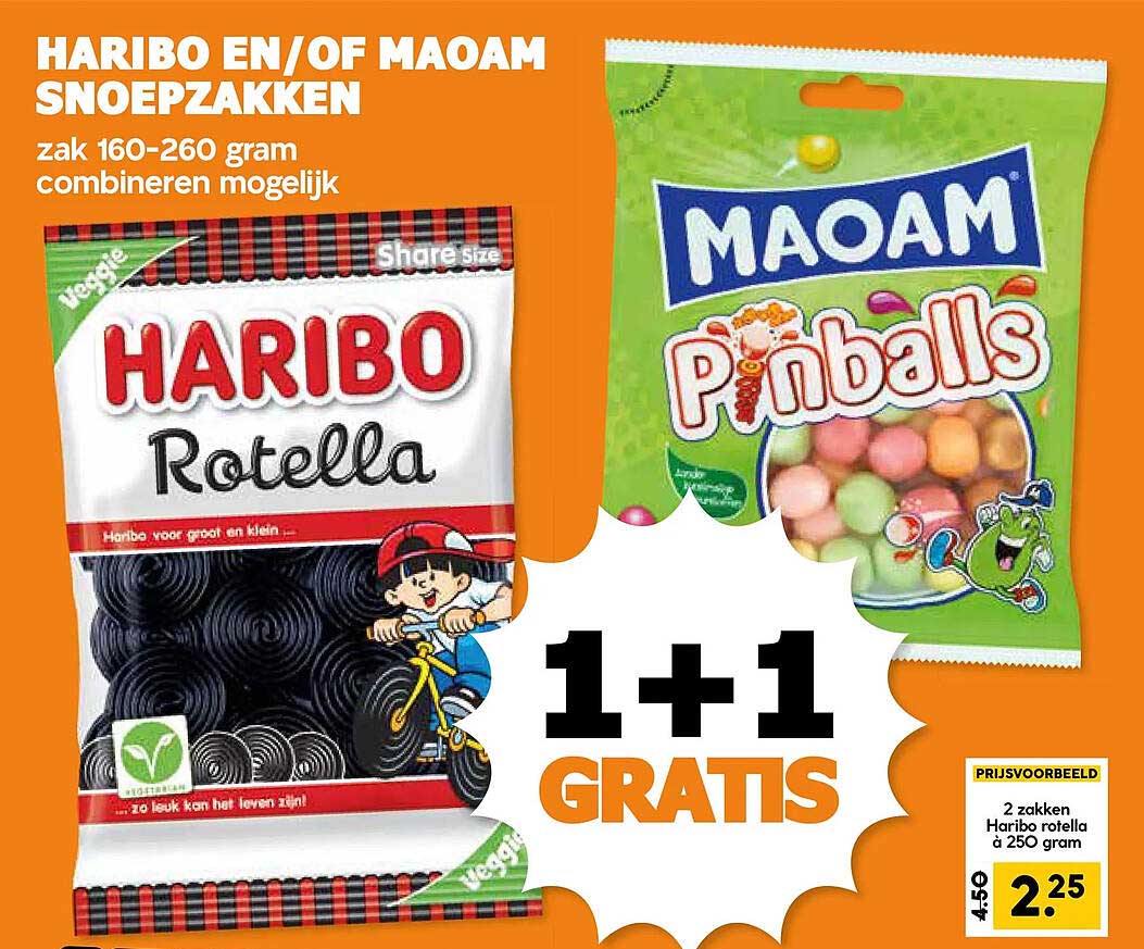 HARIBO EN/OF MAOAM SNOEPZAKKEN 1+1 GRATIS