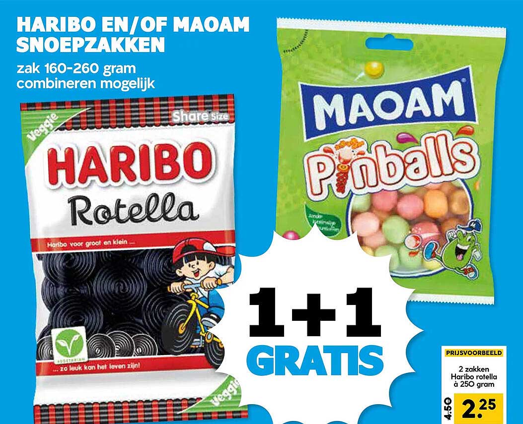 HARIBO EN/OF MAOAM SNOEPZAKKEN 1+1 GRATIS