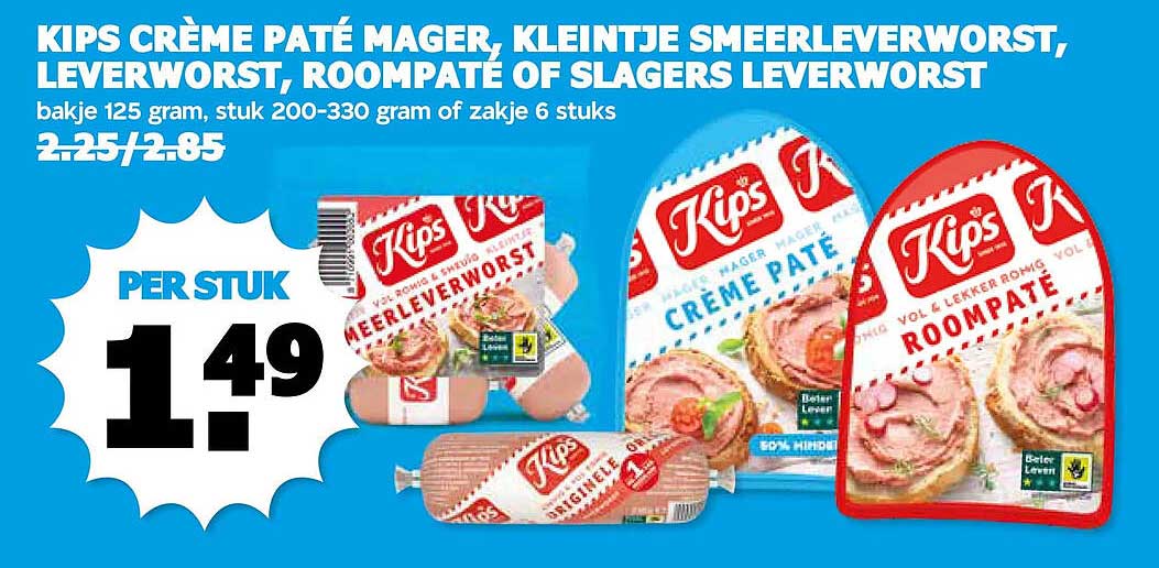 Kips Crème Paté Mager, Kleintje Smeerleverworst, Leverworst, Roombépaté of Slagers Leverworst