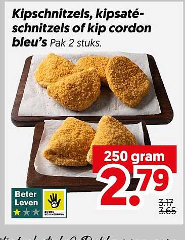 Kipschnitzels, kipsaté-schnitzels of kip cordon bleu’s Pak 2 stuks.