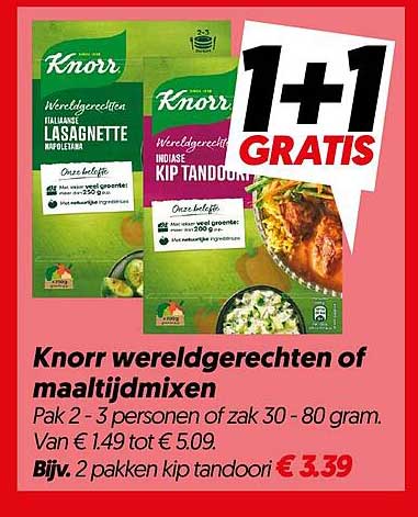 Knorr wereldgerechten of maaltijdmixen 1+1 gratis