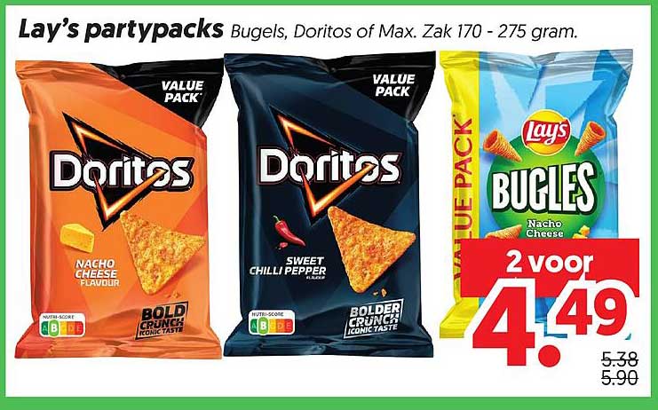 Lay's partypacks Bugels, Doritos of Max. Zak 170 - 275 gram. 2 voor